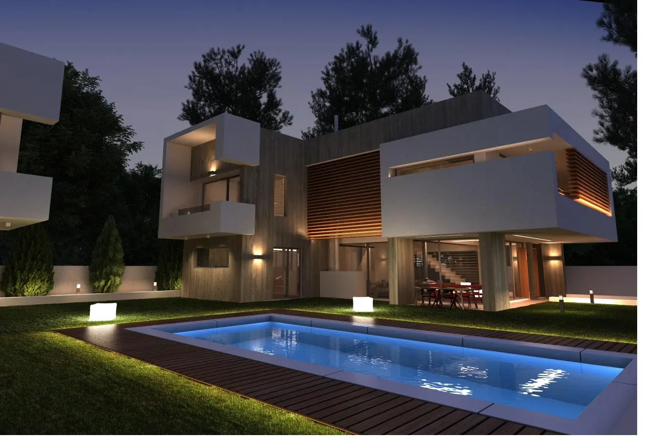 Contemporary villa night-time 3D lighting render — Athens
